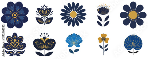 Unusually beautiful floral elements in blue and gold for branding, party invitations and decor projects, decoration and merchandise design