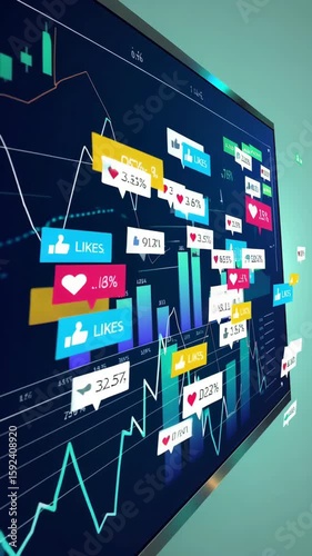 Financial data and social media likes on futuristic screen