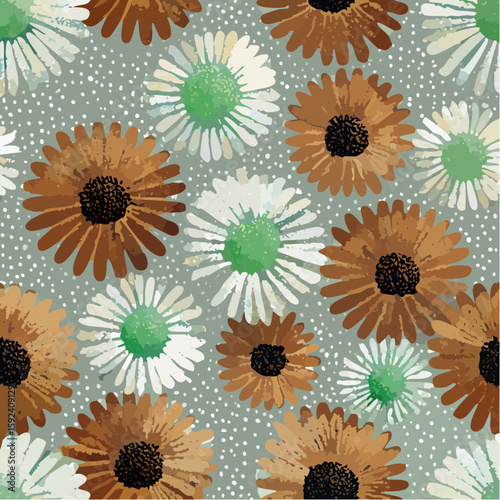 retro daisy clusters repeating pattern in mustard and burnt umber vintage floral vector design