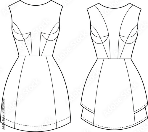 Front and back technical flat sketch of sleeveless mini dress, bustier style, layered hem design, fashion template, apparel illustration