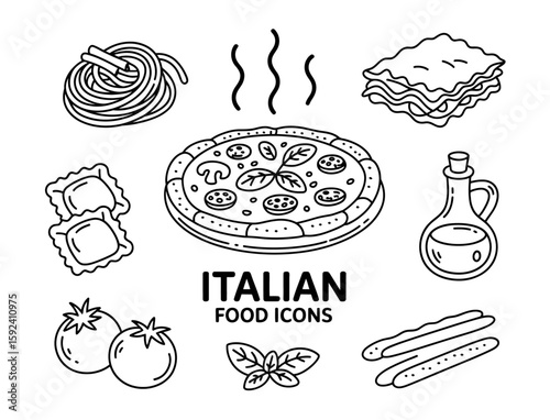 Collection of hand drawn italian food icons featuring pasta pizza and lasagna