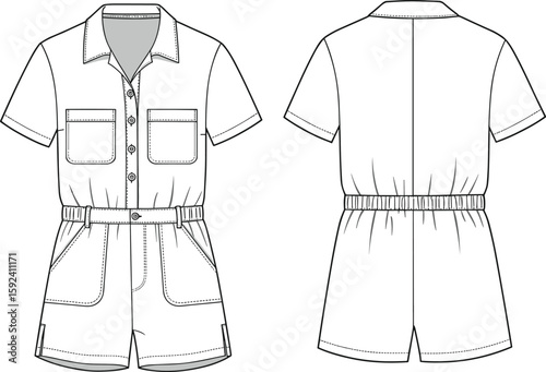 Front and back view of short sleeve utility romper with collar, button front, chest pockets, waistband belt, and detailed stitching