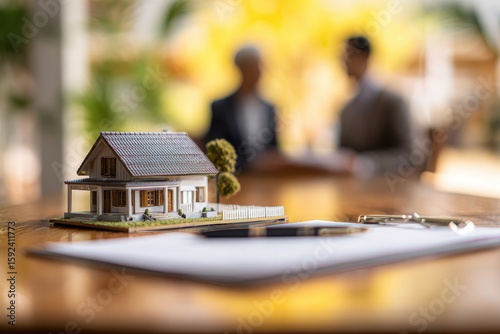 Miniature house on a desk, blurred figures in background