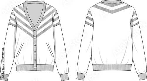 Front and back view of stylish V-neck cardigan with striped shoulder design, long sleeves, ribbed cuffs, and button closure