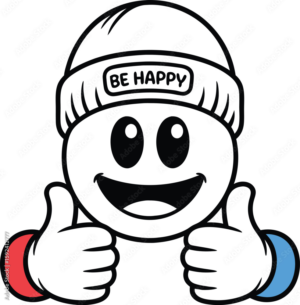 Cheerful cartoon smiley face with thumbs up wearing a Cheerful cartoon smiley face with thumbs up wearing a