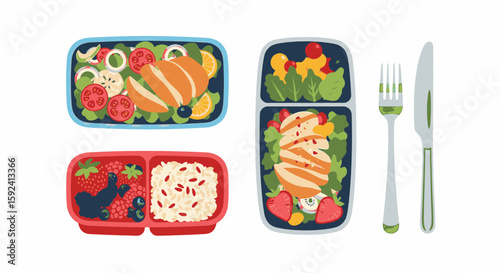 Healthy meal prep containers with chicken, salad, fruit, rice, and berries.
