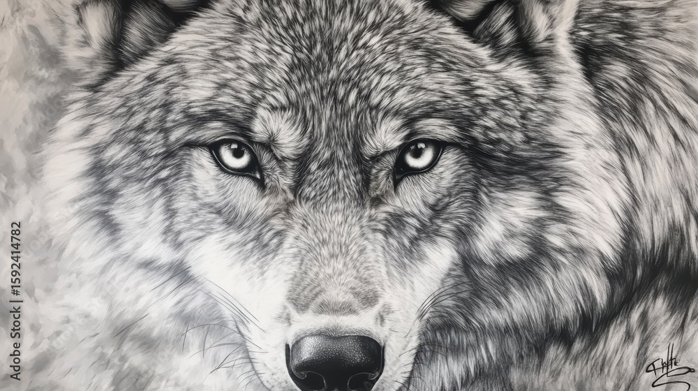 Fototapeta premium Close-up grayscale portrait of a wolf's intense gaze.