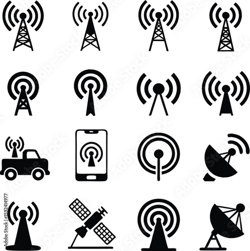 Collection of black and white icons illustrating wireless communication and signal transmission