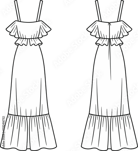 Sleeveless ruffle maxi dress with shoulder straps, flounce hem, fitted waist, front and back technical flat fashion design sketch illustration