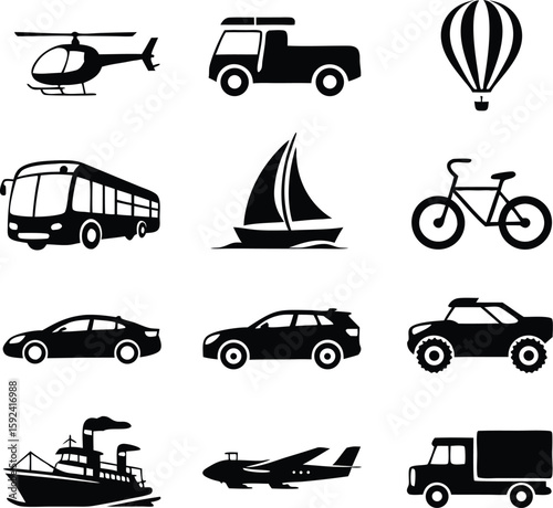 Collection of minimalist black and white transportation icons depicting vehicles and travel