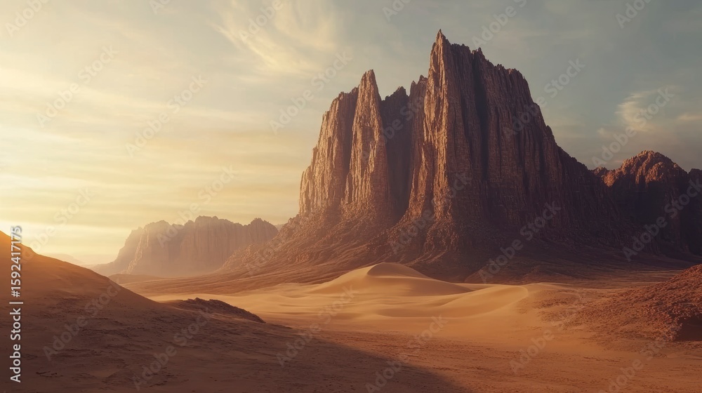 Naklejka premium Majestic sandstone peaks rise from a vast, sun-drenched desert landscape at sunset.