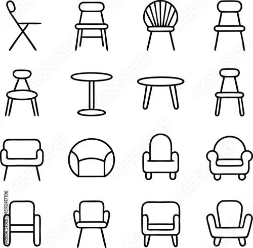 Collection of minimalist line art illustrations depicting various types of chairs and tables.