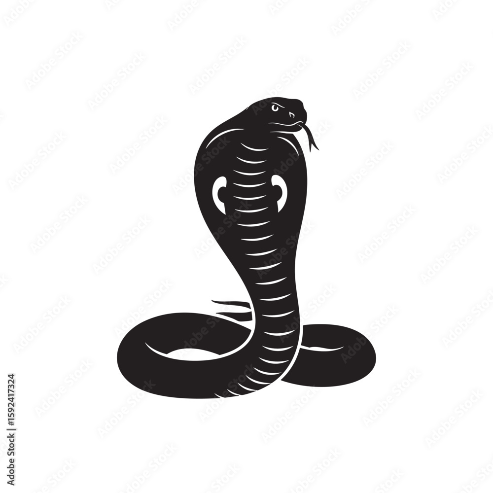 Fototapeta premium Stylized Black Cobra Serpent Raising Up, Ready to Strike with Fangs Out