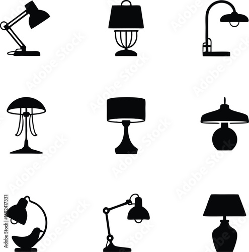 Collection of stylish vector icons depicting different types of lamps for interior design