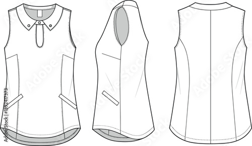 Sleeveless women’s top fashion flat with keyhole neckline, collar detail, curved hem, princess seams, and angled front welt pockets