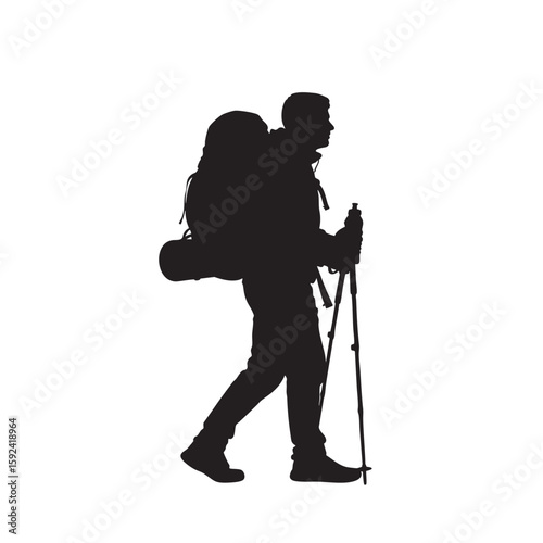 Silhouette of a hiker with a large backpack and trekking poles moving forward
