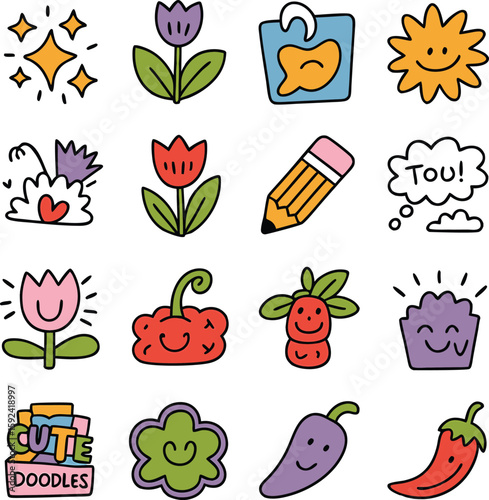 Delightful collection of cute hand drawn doodle icons for decoration and design projects