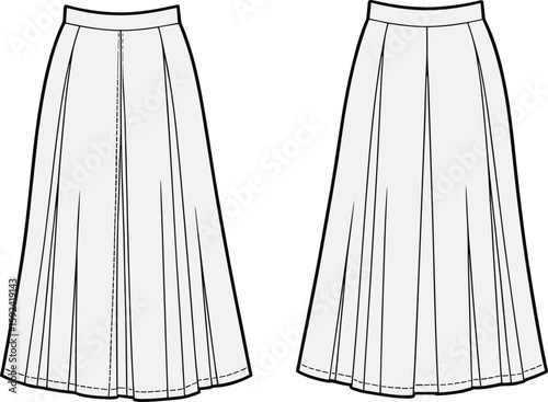 Technical fashion flat of pleated A-line midi skirt, front and back view, high waist, vector illustration, garment design sketch