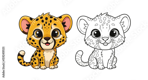 Playful Cartoon Cat Character Sitting: Split-View Color and Line Art