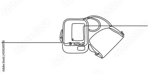 Electronic medical tonometer for measuring blood pressure. Medical healthcare check up analysis, Continuous one line drawing sphygmomanometer. World hypertension day concept. Single line draw design. 