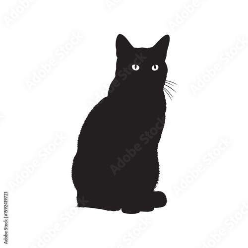 Elegant black cat silhouette with piercing white eyes against a blank backdrop
