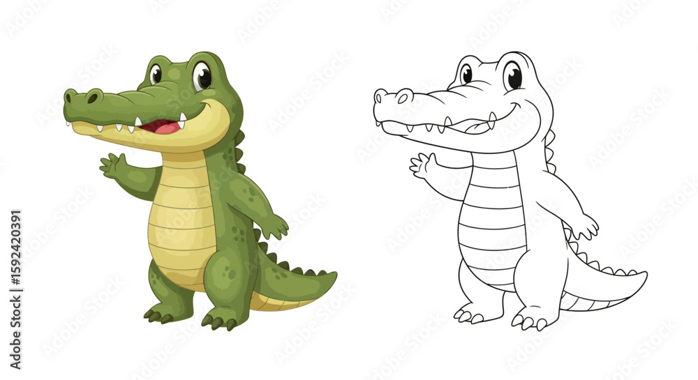 Fototapeta premium Smiling cartoon crocodile waving one arm and standing on two legs side-by-side image (2).jpg