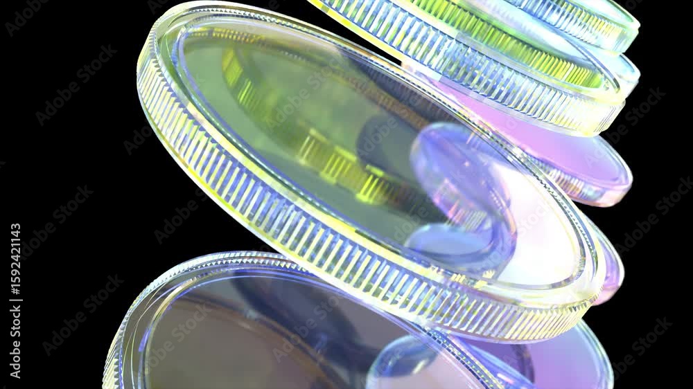 Camera multi colored glass lenses on black bg able to rotate endless 4k