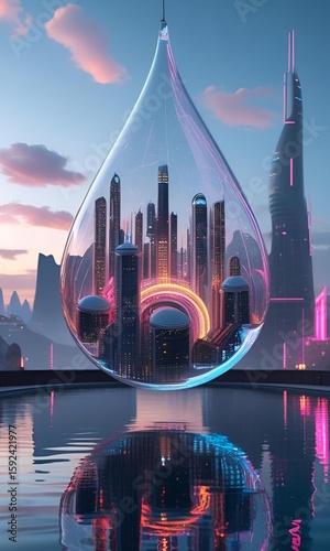 Futuristic City in a Teardrop Wallpaper – Neon Metropolis Mobile Background
