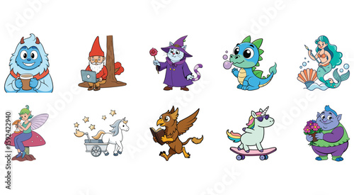 Cartoon fantasy creatures collection with yeti gnome cat dragon mermaid fairy griffin unicorn troll
