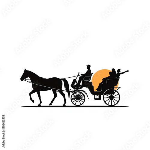 Elegant Horse and Carriage Silhouette Logo with Sunset on White Background