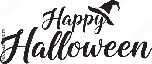 Vector art of happy halloween text with a witch hat in black