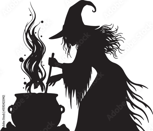 Vector art of a witch stirs a bubbling cauldron with a long stick