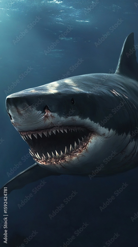 Obraz premium Underwater menace: a large shark with sharp teeth swims, its form partially obscured by the deep ocean.