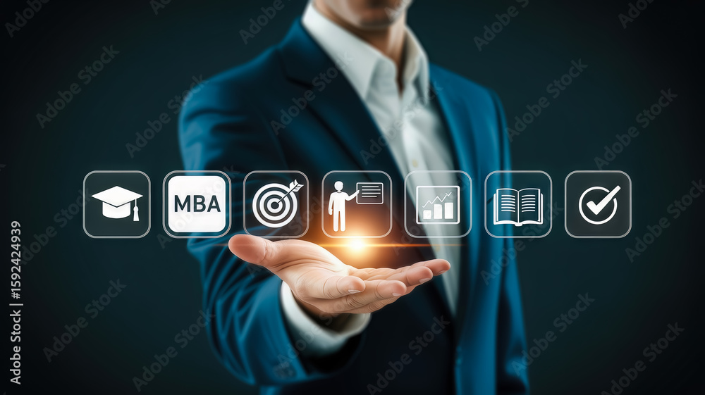 Fototapeta premium A man presents icons related to an mba degree, including a graduation cap, book, and business concepts, symbolizing advanced education and career advancement