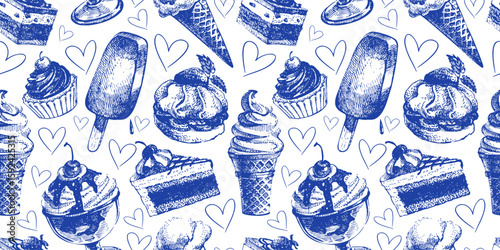 Seamless pattern with ice cream and cakes. Hand drawn sketch vector illustration