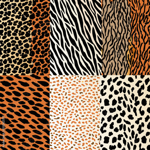 animal print seamless pattern, leopard print, cheetah print, zebra stripes, tiger fur texture, jaguar spots, abstract animal skin background, wildlife textile design, repeating nature textures