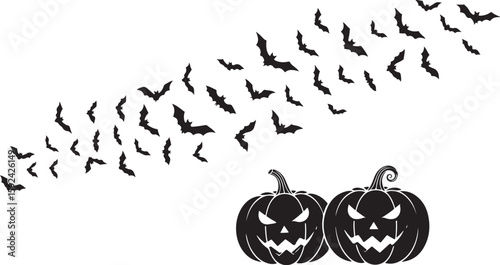 Vector art of two carved halloween pumpkins with a swarm of bats flying above