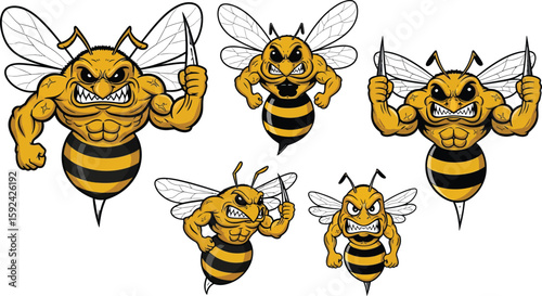 Five muscular cartoon bees with angry faces and stingers