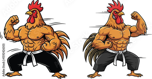 Two muscular roosters in fighting stances isolated on white background