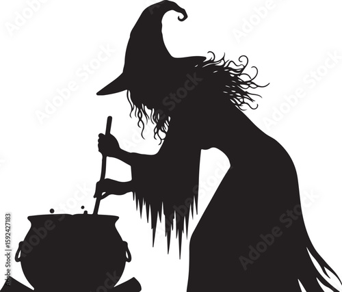 Vector art of witch silhouette stirring a bubbling cauldron