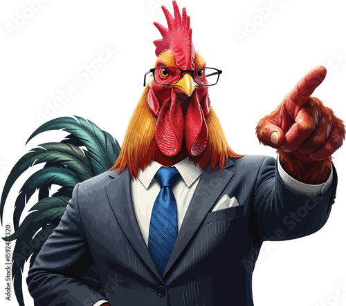 A business rooster in a suit and tie pointing with glasses isolated on white