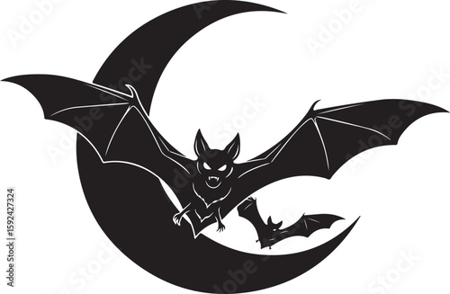 Vector art of a bat flies in front of a crescent moon