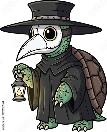 A turtle dressed as a plague doctor with a mask and lantern isolated on white