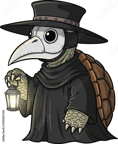 A turtle dressed as a plague doctor holding a lantern