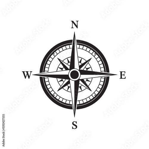 Simple black and white compass rose vector illustration of orientation navigation