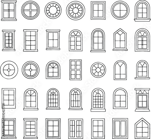Vector illustration of assorted windows in various shapes and designs for architectural projects