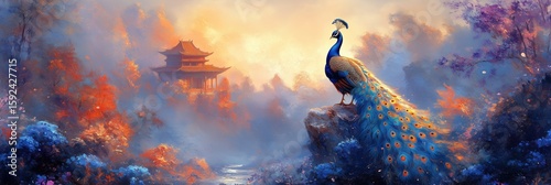 A stunning golden peacock perched on a rock, overlooking a mystical landscape with an Asian temple, vibrant foliage, and a river below.