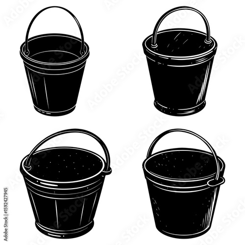 Illustration of four black buckets with metal handles arranged on a white background in a square format