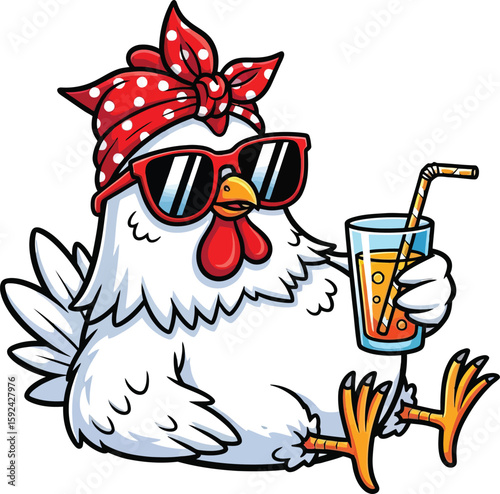 A cool chicken wearing sunglasses and a bandana with a drink