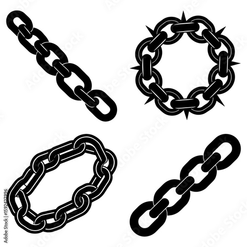 Four black and white chain illustrations including a spiked ring and two straight chains designs